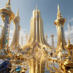 by johan grenier and jedd chevrier, visually stunning, cinematic, ultra realistic, hyper realism, 1 2 k, epic, octane render, unreal engine, vfx, maya, futuristic solarpunk civilization, highly detailed temples made of gemstones and gold, gold relics