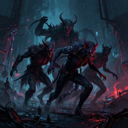 demons chasing us, by beksinski and tristan eaton, dark neon trimmed beautiful dystopian digital art