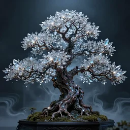 evil wicked bonsai tree, glowing branches and crystals leaves, nacreous lights, wispy glowing horror