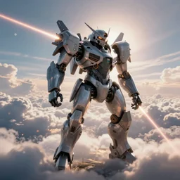 armored core v, long - shot, full body, sky, cloud, laser beam, bokeh, dramatic backlighting, extremely high detail, photorealistic, octane render, digital painting, trending on artstation,