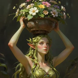 character concept art of an dryad, plant woman, pretty face, flower pot balanced on head, tranding on artstation