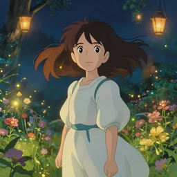 well - lit art nouveau portrait of a young innocent girl with hair blowing in the wind in a flower garden with lanterns and fireflies at night, pixar style, ghibli studio, anime style, trending on deviantart, natural lighting, path traced, highly detailed, high quality, godrays, complementary colors, beautiful landscape, cartoon, high coherence, soft lighting, soft colors, digital art, digital painting, matte, by alphonse mucha