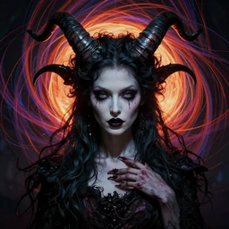 full face epic portrait, victorian gothic succubus, horn, matte painting concept art, midjourney, beautifully backlit, swirly vibrant color lines, majestic, cinematic aesthetic octane render, 8 k hd resolution, by ilya kuvshinov, artgerm, darius zawadzki and zdizslaw beksinski