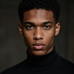 a photorealistic hyperrealistic, bright dark brown eyes, light skinned african young man, short black curly hair, flawless face, bold pointed nose, perfect jawline, black turtle neck shirt, by wlop, artgerm, greg rutwoski, alphonse mucha, beautiful dynamic dramatic low - light moody lighting, cinematic atmosphere, artstation, concept design art, octane render, 8 k