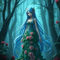 3 d anime magical goddess with long blue hair in a dress made of ivy and roses in a mythical forest, aurora borealis, roger magrini, leticia gillett, skeeva, nika maisuradze, billelis, christian behrendt, zigor samaniego, joannie leblanc