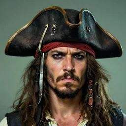 medium close - up portrait of a frowning pirate in a pirate hat with short beard, concept art