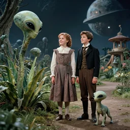 detailed, sharp, a girl and a boy standing next to some alien plants, looking happy, wearing 1850s era clothes, their small pet alien creature is standing nearby, in a park on a strange alien planet, extremely highly detailed, 70 mm still from a classic period sci fi color movie, 4k, high quality lighting
