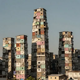 tall towers made up of makeshift squatter shacks with pastel colours, mamiya, uniform plain sky, fine details, photographed by bruno barbey
