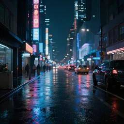 rainy cyberpunk city street, neon lights, night time, dark, cinematic lighting, bokeh