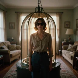 backlit photograph of young woman wearing shades, standing in front of powerful orgone accumulator in 1 9 3 0's suburban living room, octane render, highly detailed, in roger deakins style, 3 5 mm ektachrome, ultra sharp
