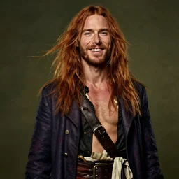 portrait painting of kurt cobain old rugged masculine muscular male joyful pirate long long hair soft hair flowing hair crimson hair upper body only bare chest long coat elegant rugged handsome unreal render cinematic lighting art 1 9 2 0 period drama by bussiere rutkowski andreas rocha