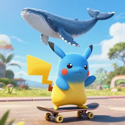 a blue pikachu riding a skateboard in australia in daylight and there's a flying whale above