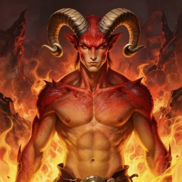 portrait of a beautiful young fit male demon with ram horns, scaly skin, fiery scene, by greg rutkowski and alphonse mucha, d & d character, gradient red to yellow, in front of an hellish landscape background, highly detailed portrait, digital painting, artstation, concept art, smooth, sharp focus ilustration, artstation hq
