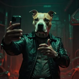 pitbull taking a selfie, in hell in 1 9 8 5, y 2 k cybercore, industrial low - light photography, still from a kiyoshi kurosawa movie, lisa frank