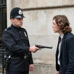 A 1920\'s London police inspector with a stern look pointing his gun towards a frightened young man with long hair against a stone wall