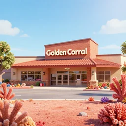 a beautiful view of a Golden Corral made of coral | graphic novel:.1 | unreal engine:.5