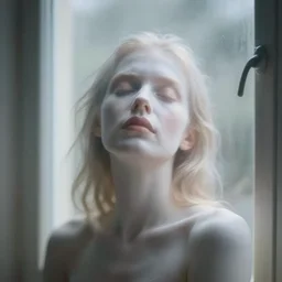 out of focus photorealistic woman at the windows by saul leiter, very blurry, translucent white skin, closed eyes, foggy