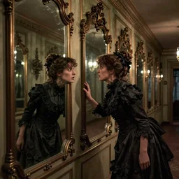a beautiful victorian woman is frightened by her doppleganger in a mirror. she is in a long hallway of mirrors. victorian interior, with many mirrors, elegant design, haunting atmosphere, dimly lit, gothic, horror style, by greg rutkowski, realistic, low angle, 3 / 4 view.