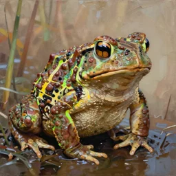 toad deity, great swamp toad with many warts and neon banding digital oil paining by artgerm, greg rutkowski, mucha, portrait | art nouveau. swamp environment, gigantic toad, complimentary earth colors. sharp edges. clear detailed. 8 k. elegance