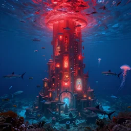 underwater metropolis, volumetric lighting, red and blue, a lot of fish, sharks, jellyfish, unreal engine, octane render, dramatic lighting, lake, ultra clear detailed. digital art, by stanley artgerm lau, greg rutkowski, thomas kindkade, alphonse mucha, loish, norman rockwell