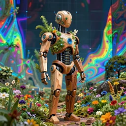 a hybrid humanoid cyborg built with cybernetic material and wood, herbs and multicolored flowers, hyperspectral imaging, multispectral imaging, perspective, colorful, spectral color, refractive