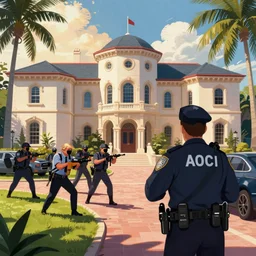 illustration of AOC as FBI agent, raiding Donald trumps mansion, miami. Illustration