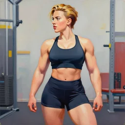 greg manchess portrait painting of posing scarlett johansson as thicc bodybuilder pharah from overwatch in gym clothes showing abs, medium shot, robust body, asymmetrical, profile picture, organic painting, sunny day, matte painting, bold shapes, hard edges, street art, trending on artstation, by huang guangjian and gil elvgren and sachin teng