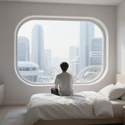 A thoughtful person sitting on a bed in a room with rounded a window overlooking a futuristic city with flying vehicles, drawind style, sketch style, highly detailed, concept art, 4k, trending on artstation, cgsociety, octane render.
