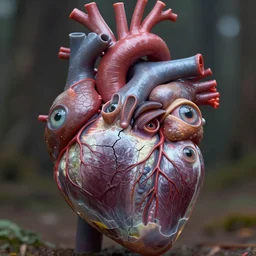 a realistic photo close up of a human heart with blood vessels, complex biomorphic creature, grown together rare various animal eyes, cgsociety, hairless veins wrinkles morphing nature documentary, analytical art, cracked plastic tattoo wrap, gills morph scales merged in fur skin, cryengine, wrinkled muscles skin, veins merged feet head, burning forest, distorted animal head face eyes arms tail