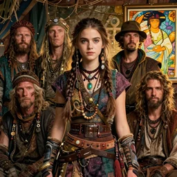 detailed ultrarealistic photography of cyberpunk rustic medieval hippie warrior japanese girl emma watson, brom, craig mullins, vallejo, moebius, ian miller, mucha cinematic