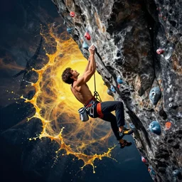 rock climbing dramatic splash art graphic design color splash high contrasting art, fantasy, highly detailed, art by greg rutkowski