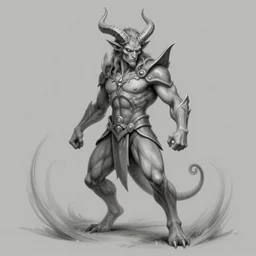 full body grayscale drawing by Anato Finnstark of horned demon in heroic pose, swirling flames, brutal, alphonse mucha,