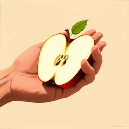 diagram of hand holding a cut apple showing seeds, limited neutral palette, by pascal campion, petros afshar, anton fadeev, dean ellis, randolph stanley hewton, beautiful graphic, propaganda poster art 1 9 7 0 s illustrated advertising art, painterly design