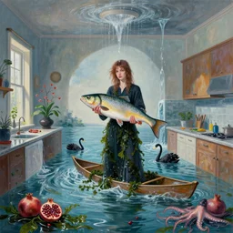 tall emo female artist holding a large fish in her flooded kitchen, seaweed, pomegranates, octopus, water gushing from ceiling, painting of flood inside an artist's apartment, a river flooding indoors, ikebana, zen, rapids, waterfall, black swans, canoe, berries, acrylic on canvas, surrealist, by magritte and monet
