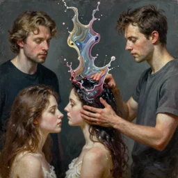 men trying change his head on women's, fluid materia of reality splashes, mid shot, extremely high details quality, bao phan, viktor safonkin, bruce pennington, larry elmore, intricate, hyperrealistic oil painting on canvas, deep depth field, hd, hdr, 4 k, 8 k