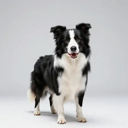 chibi border collie, studio photography, full body, isolated on a pure white background, centered, entire subject in frame, sharp focus, soft studio lighting