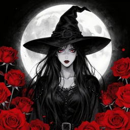 portrait, A beautiful dark witch in front of the full big moon, book cover, red roses, red white black colors, establishing shot, extremly high detail, foto realistic, cinematic lighting, pen and ink, intricate line drawings, by Yoshitaka Amano, Ruan Jia, Kentaro Miura, Artgerm, post processed, concept art, artstation, matte painting, style by eddie, raphael lacoste, alex ross