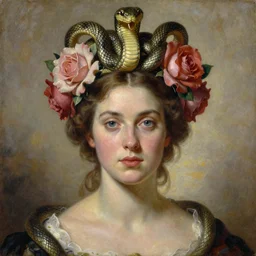 a single portrait of the queen with a headpiece of entwined snakes and roses by Jovana Rikalo, by roberto ferri, by austin osman spare, by tom bagshaw, a delicate oilpainting, highly ornamental