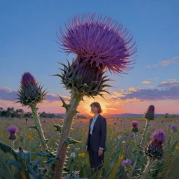 giant thistle flower under head, a girl in suit in field of flowers, surreal photography, sunrise, blue sky, dramatic light, impressionist painting, digital painting, artstation, simon stalenhag