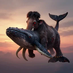 mammoth lich whale, rotten, dark romantic, glowing red eyes, flying in the sky, evening sun, ArtStation, 35mm, ZBrush, Zdzislaw Beksinski