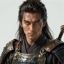 medieval japan man samurai, sci-fi, amber eyes, serious face, long hair, fantasy, futuristic, criminal, highly detailed, digital painting, artstation, concept art, brutal, sharp focus, illustration, art by artgerm and greg rutkowski and alphonse mucha
