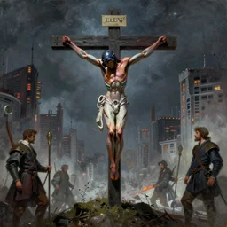 evangelion, isolated crucifixion of end of evangelion in the apocalyptic city, detailed, impressionistic by james gurney, willem claesz heda and j. dickenson