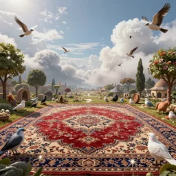 an epic vista in the magic Fluffy 3d Persian Carpet dimension, everything is carpet and 3d, birds and trees, surreal, photorealistic concept art, immense detail, epic, striking