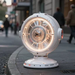 a photo of a glowing, futuristic time travel machine, 4k, on a side street walk, realistic