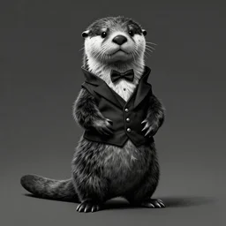 anthropomorphic masculine otter in costume, juanjo guarnid, by wlop, concept art, highly detailed, stylistic, noir, b & w