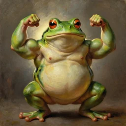 subject:  frog is oversized is muscular is powerlifter is flexing muscles in medium shot backlight portrait, style:  very heavy textured rembrandt oil painting with dramatic light