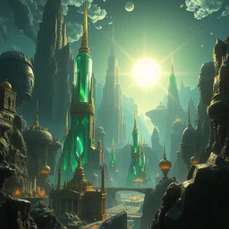 futuristic atlantian metropolis, highly detailed crystal, emeralds and gemstone relics, gold relics, bright sun magic hour, digital painting, solid cube of light, hard edges, artstation, sharp focus, illustration, 8 k highly detailed