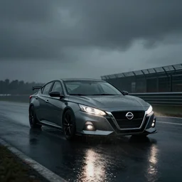 Nissan Altima 2022. Altima GT Le Mans car racing on dimly lit track overcast skies raining headlights illuminating track, volumetric lighting cinematic vray photo muted colors dark cinematic. front side view uncropped centered. artstation trending dramatic harsh lighting low exposure