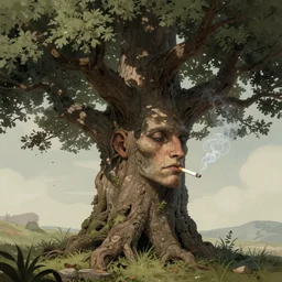 illustration of an old tree that a human like face, it's smoking a cigarette, in high detail, fantasy illustration by angus mcbride, trending on artstation