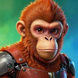 an epic a comic book style portrait painting of a cyborg monkey face, studio ghibli, unreal 5, daz, hyperrealistic, octane render, cosplay, rpg portrait, dynamic lighting, intricate detail, harvest fall vibrancy, cinematic, gradient bacground green and blue